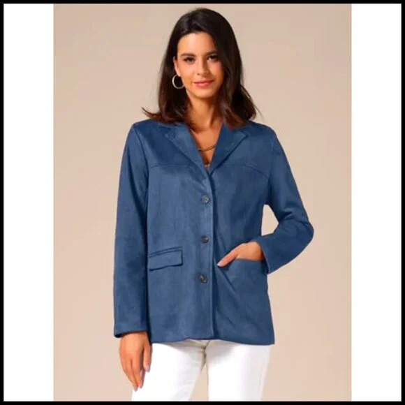 Faux Suede Blazer Lapel Open Front Long Sleeve Business Casual Office Jacket